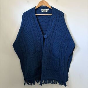 Aran Crafts Ireland Wool Sweater Cable Knit Cape Fisherman Button Royal Blue